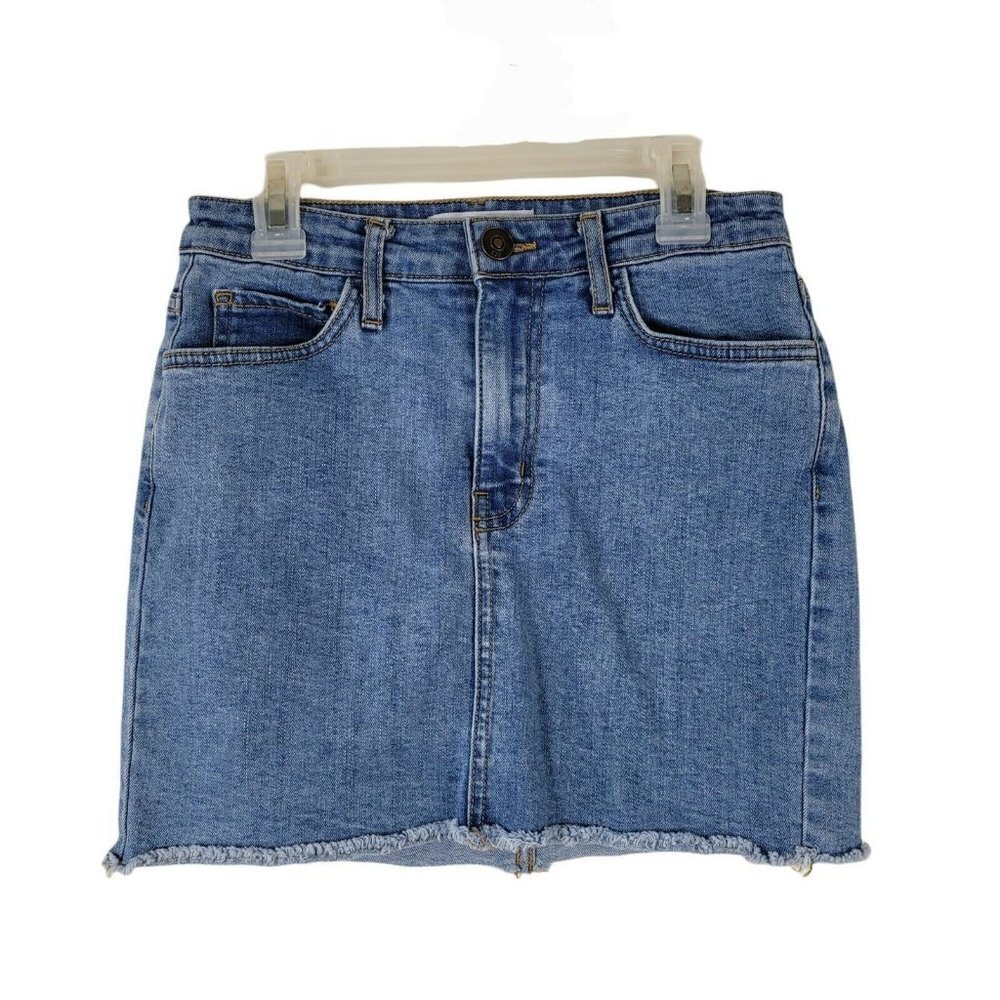 O2 Denim Mini Skirt Women's Size XS Med Wash Cutoff Hem 5 Pocket EUC Casual